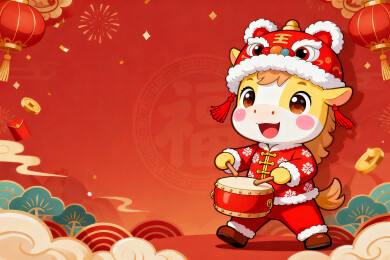 卡通小马贺新春敲鼓