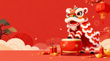 红色背景舞狮敲鼓喜庆画面