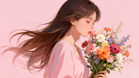 女孩闻花香的唯美插画