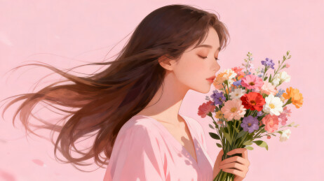 女子闻花香姿态优美