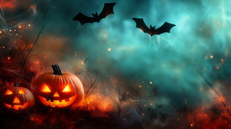 万圣节南瓜灯与蝙蝠恐怖氛围场景