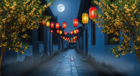 月夜下的古巷灯笼