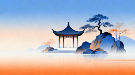 山水亭台晨雾图