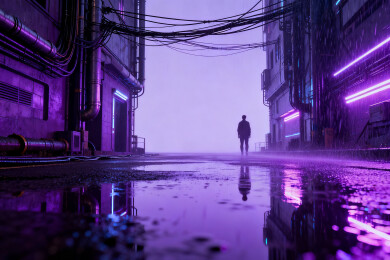 雨夜霓虹街头行人剪影