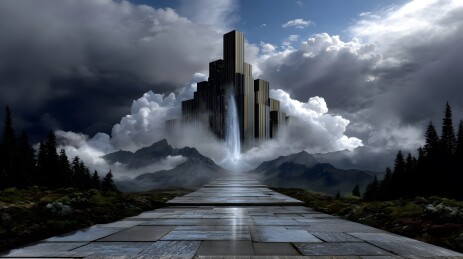 神秘高塔耸立云雾山巅石径通天