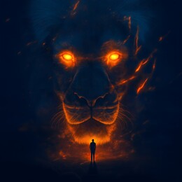 光影狮像前人物显渺小神秘