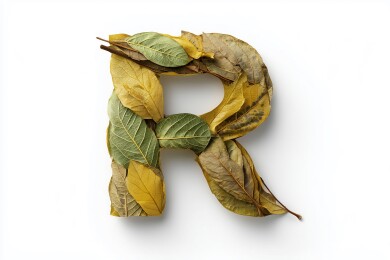秋天枯黄树叶的英文大写字母R图案扁平背景