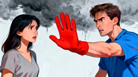 男女角色红手套阻拦场景