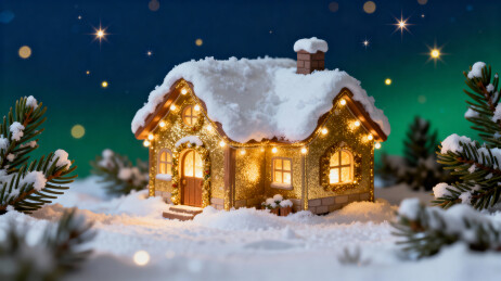 雪夜灯光小屋梦幻场景