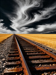 铁轨延伸至金黄麦田与漩涡云