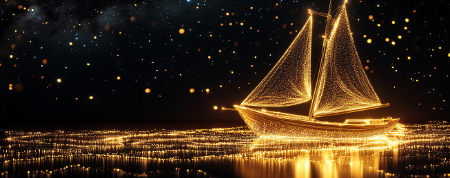 夜空下的金色海洋行驶的帆船