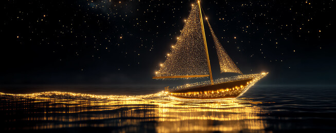 夜空下的金色海洋行驶的帆船