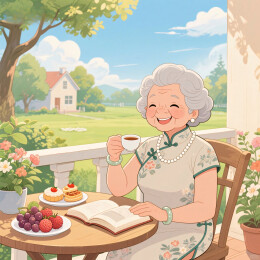 旗袍奶奶阳台品茗阅读