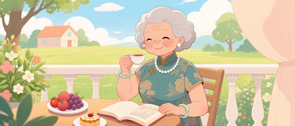 旗袍奶奶阳台品茗阅读