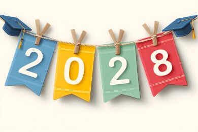 彩色2028数字旗帜与毕业帽插画