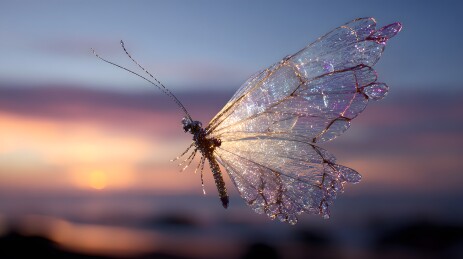 梦幻蝴蝶飞舞晚霞下