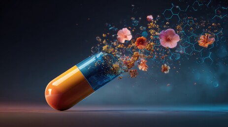 爆炸的黄蓝色药丸胶囊与彩色元素