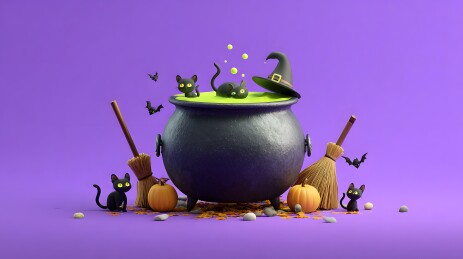 万圣节黑猫巫师汤锅场景