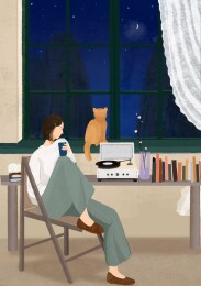 夜里女孩和猫咪在家悠闲坐在窗前