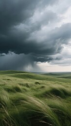 乌云密布的天空下风吹草动的广阔草原