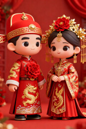 3d卡通中式婚礼Q版新人
