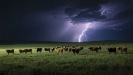 雷电交加的夜晚牧场群牛静立
