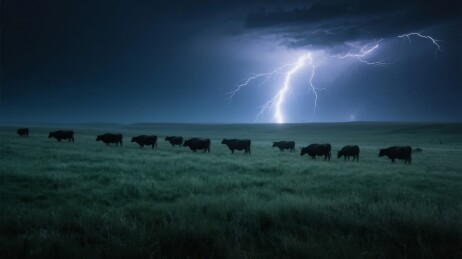 雷电交加的田野中牛群静立