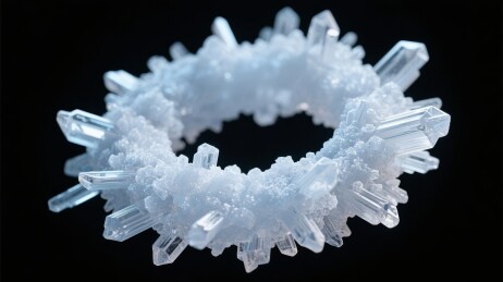 白色晶体簇环状结构在黑色背景下的特写