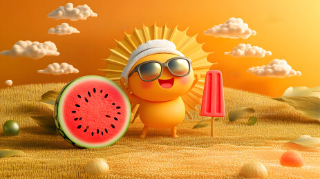 太阳造型的卡通角色在夏天的环境下