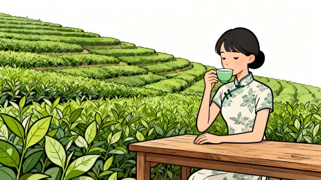 一个旗袍美女在茶园喝茶