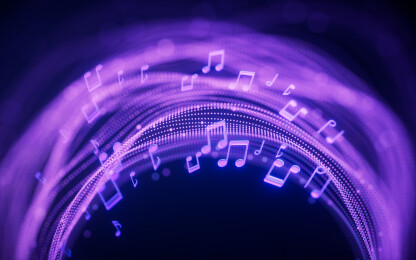 音乐音符与霓虹粒子背景三维渲染