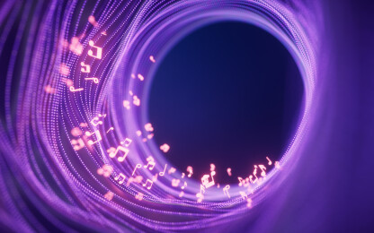 音乐音符与霓虹粒子背景三维渲染