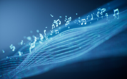 音乐音符与霓虹粒子背景三维渲染