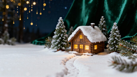 雪夜小木屋灯光温馨
