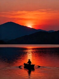 丹霞落日下的渔舟