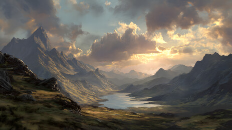 厚重的云层下连绵的山脉