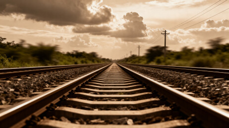 铁轨延伸远方云天相接