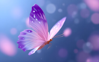 一只紫色的卡通蝴蝶在空中飞舞