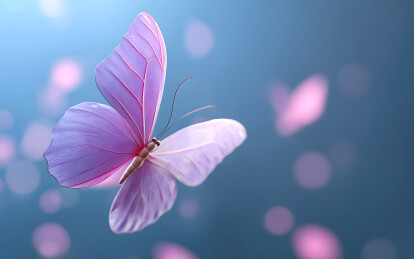 一只紫色的卡通蝴蝶在空中飞舞