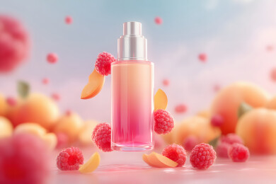 香水瓶与飘浮水果