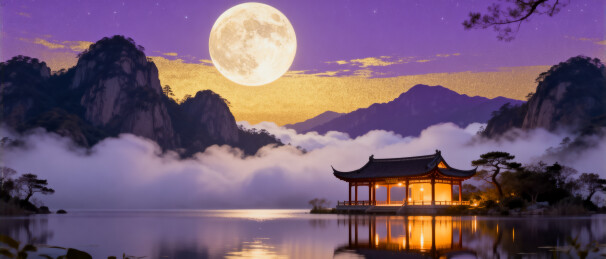 明月山水亭阁夜景
