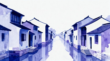 水墨风格古建筑水乡街景