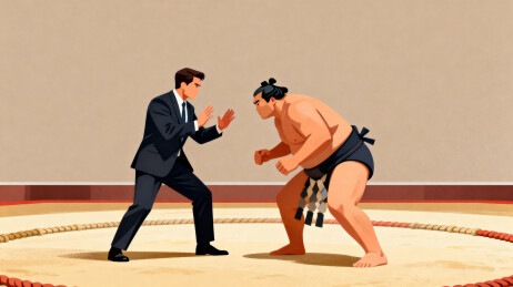 相扑选手与西装男子对峙