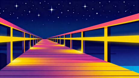 夜空星光下的彩色桥梁