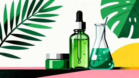 绿色瓶装液体与植物叶片插画