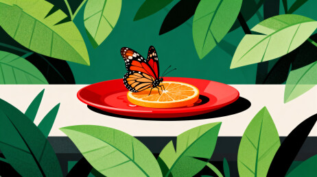 蝴蝶停驻橙片绿叶环绕