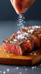 正往烤牛排上撒盐
