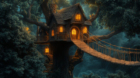 魔法森林中夜晚亮灯的童话树屋