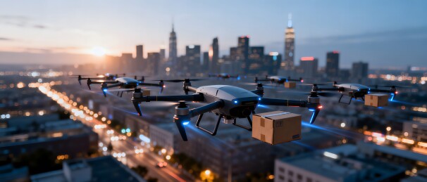 无人机城市配送黄昏景象