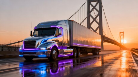 炫彩卡车驶过大桥夕阳